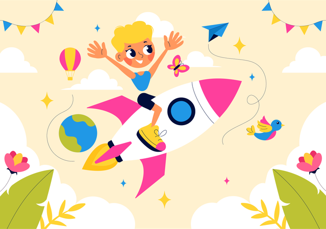 Boy flying on rocket  Illustration