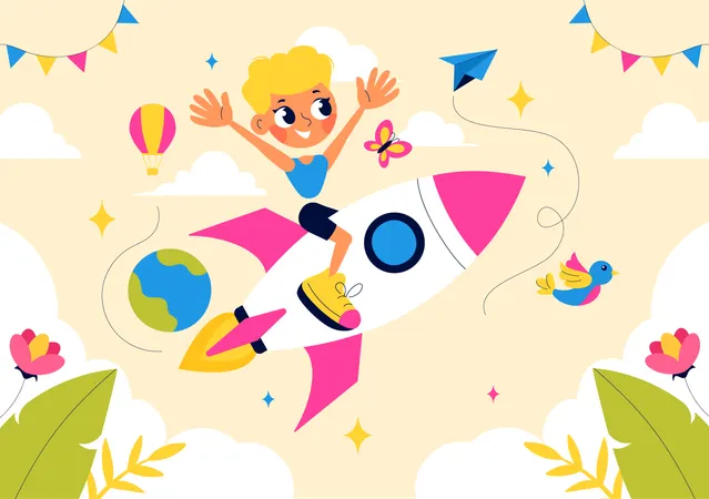 Boy flying on rocket  Illustration