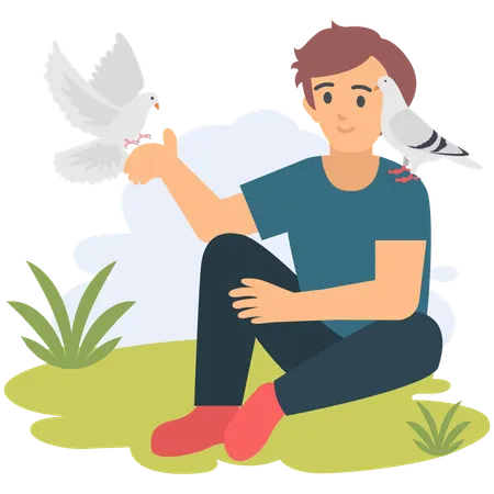 Boy flying pigeon  Illustration