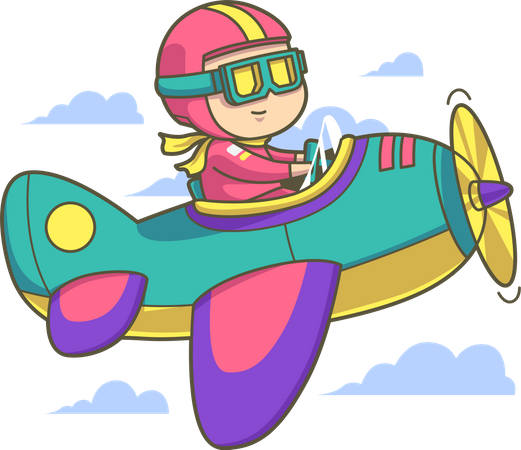 Boy flying plane in the sky  Illustration