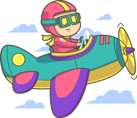 Boy flying plane in the sky  Illustration