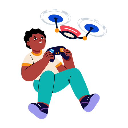 Boy flying remote control drone  Illustration