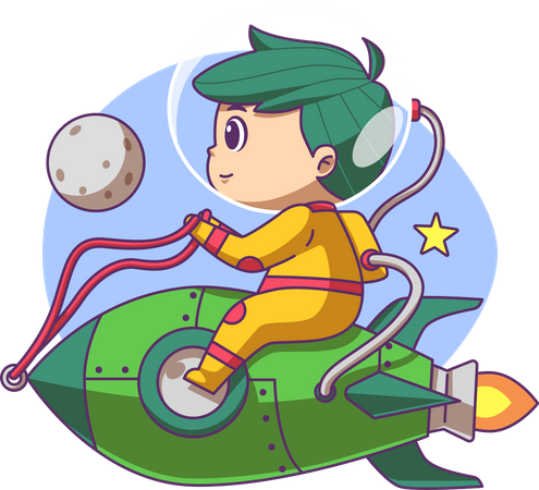 Boy flying while sit on rocket Illustration
