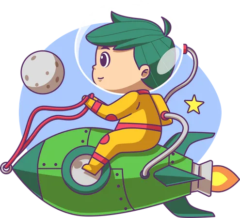 Boy flying while sit on rocket  イラスト
