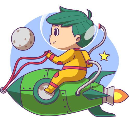 Boy flying while sit on rocket  Illustration