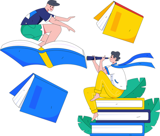 Boy flying with books and looking for opportunities  Illustration