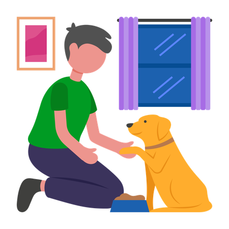 Boy following Morning Pet Care Duties  Illustration
