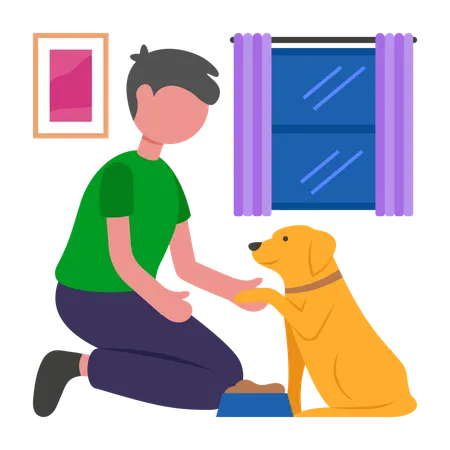 Boy following Morning Pet Care Duties  Illustration