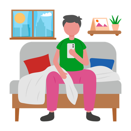 Boy following Morning Phone Notification Check  Illustration