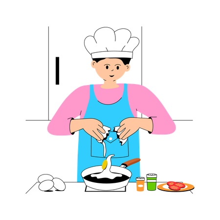 Boy frying eggs on pan  Illustration