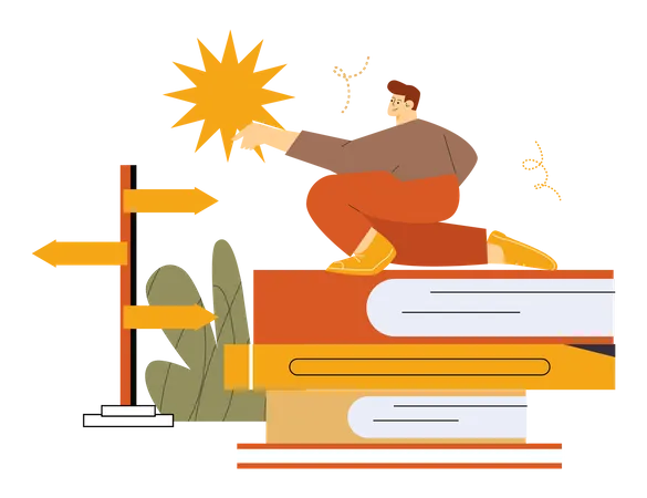 Boy gaining knowledge from books Illustration