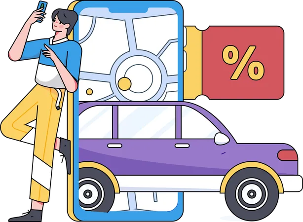 Boy getting discount on taxi booking  Illustration