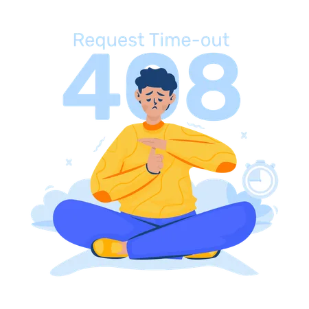 Illustration Of A Tired Man Sitting With A 408 Request Time Out Error Illustration