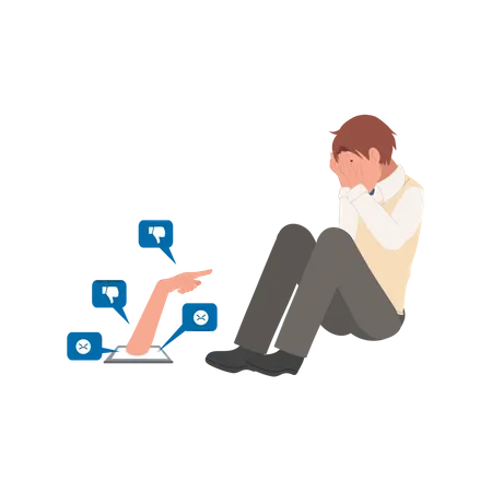 Depressed Lonely Young Student Man A Victim Of Internet Bullying Is Sitting In Front Of A Phone Covering His Face With His Hands Victim Of Mass Media Cyber Bullying Online Violence Illustration