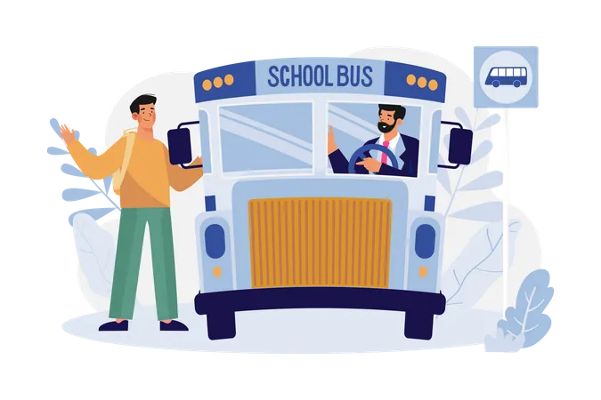 Boy Getting Into The School Bus  Illustration