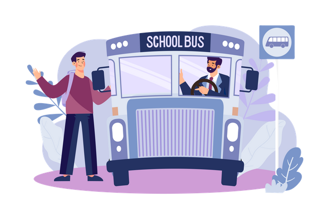 Boy Getting Into The School Bus  Illustration