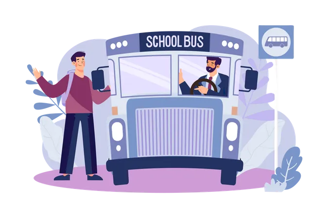 Boy Getting Into The School Bus  Illustration