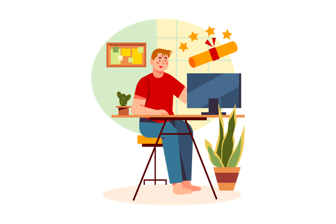 Boy getting online degree  イラスト