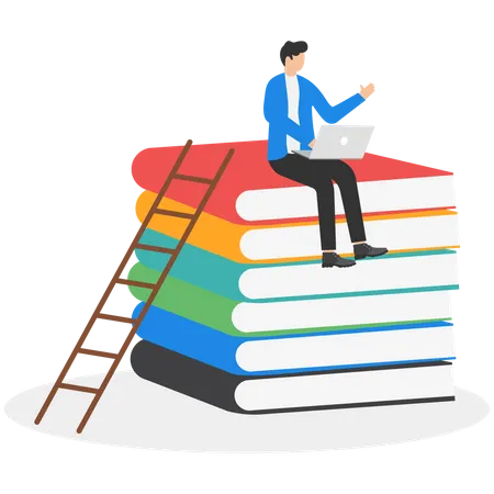 Online Education Man Sitting On A Pile Of Books Concept Illustration Of Online Courses Distance Studying Self Education Digital Library E Learning Banner Illustration