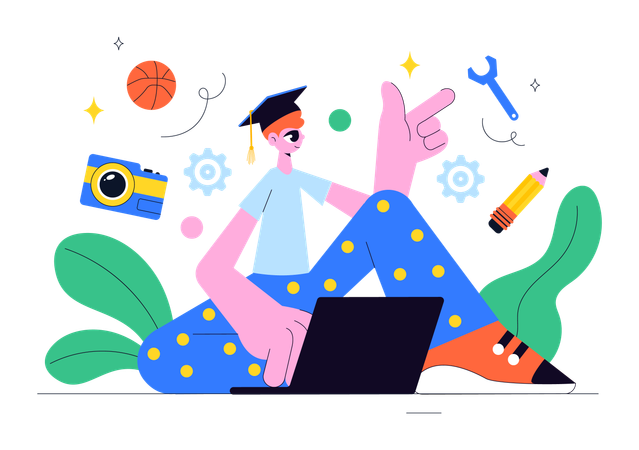 Boy getting online graduation  Illustration