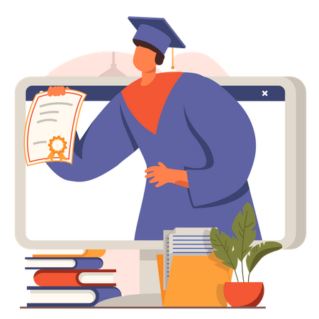 Boy getting online graduation certificate  Illustration