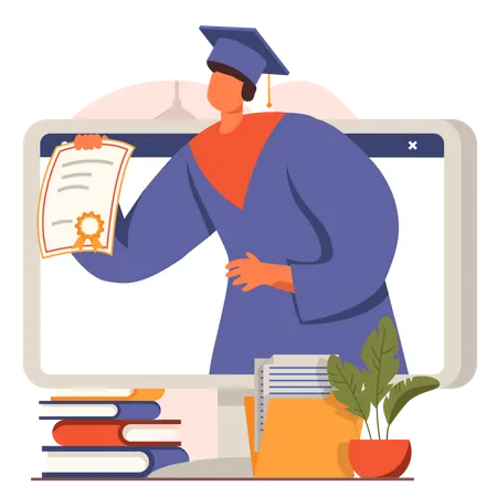 Boy getting online graduation certificate  Illustration