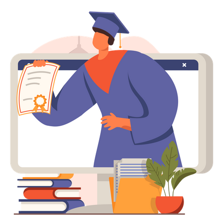 Boy getting online graduation certificate  Illustration