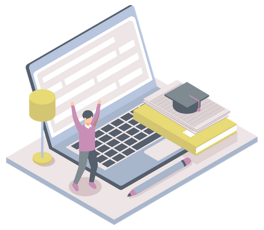 Boy getting online graduation degree  イラスト