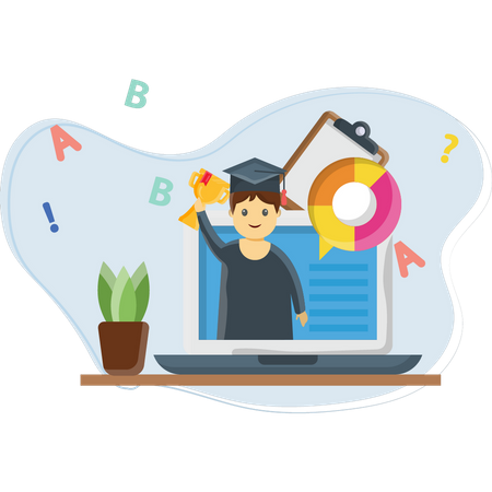 Boy getting online graduation degree  イラスト