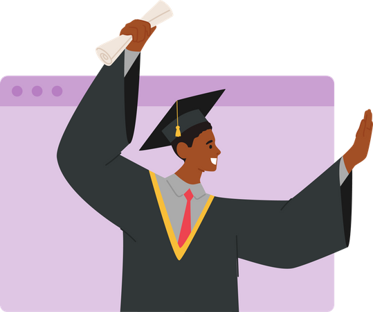 Boy getting online graduation degree  イラスト