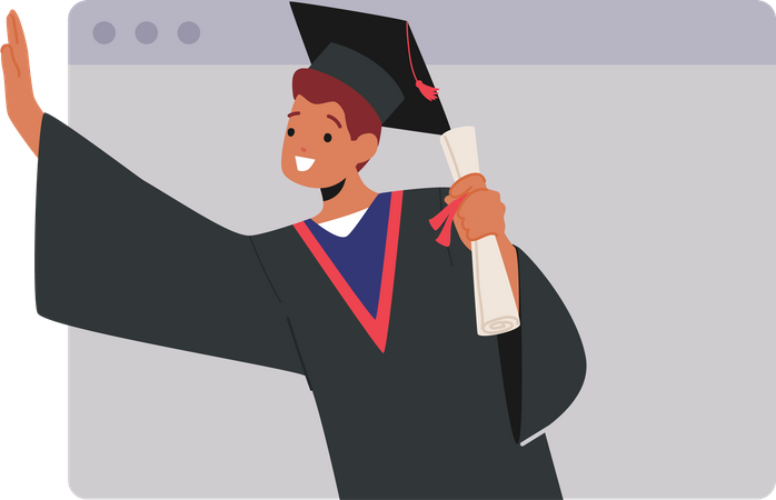 Boy getting online graduation degree  イラスト