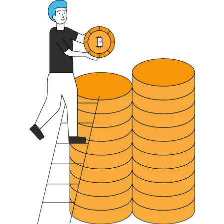 The Boy Keeping The Bitcoins With The Help Of A Ladder Illustration