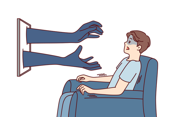 Boy getting scared while watching horror movie  イラスト