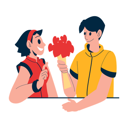 Boy gifting flower bouquet to girlfriend  Illustration