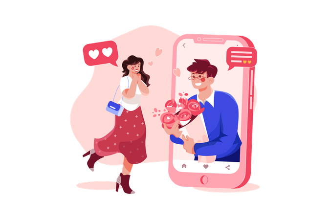 Boy gifting flower to girlfriend through an online dating app  Illustration