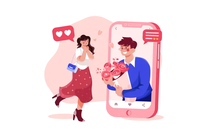 Boy gifting flower to girlfriend through an online dating app  Illustration