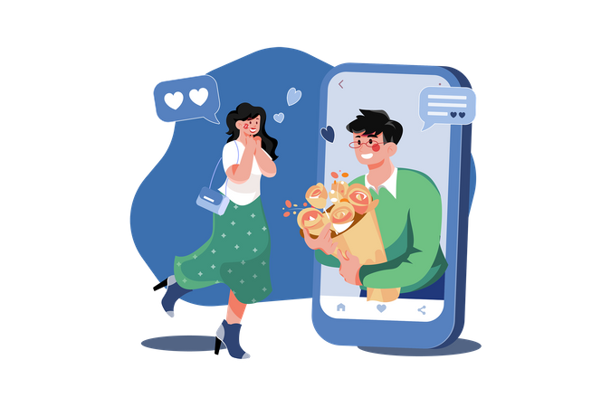 Boy gifting flower to girlfriend through an online dating app Illustration