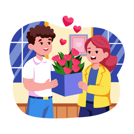 Boy gifting valentine flowers  Illustration
