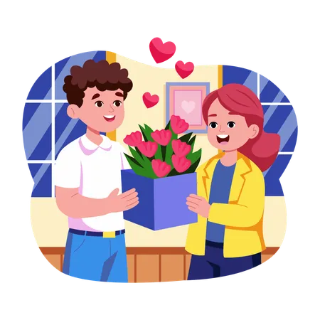 Boy gifting valentine flowers  Illustration