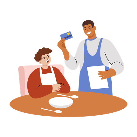 Boy give card for payment to restaurant waiter  Illustration