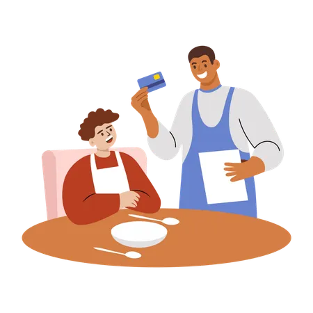 Boy give card for payment to restaurant waiter  Illustration