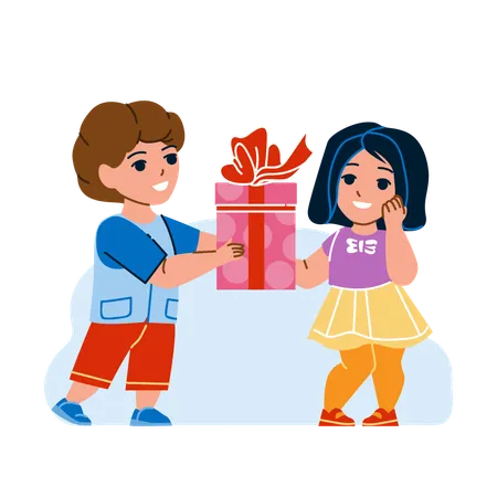 Boy Give Gift To Girl Friend On Birthday Vector Schoolboy Giving Schoolgirl Gift Box On Christmas Party Event Or Valentine Day Characters Schoolchildren With Present Flat Cartoon Illustration イラスト