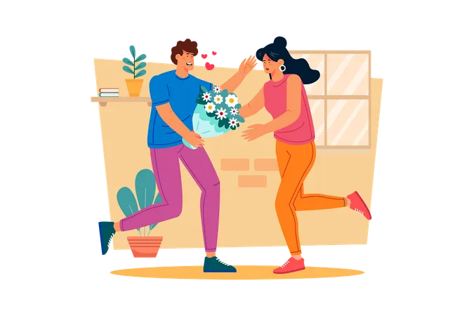 A Man Surprises His Wife With A Bouquet Of Flowers Illustration