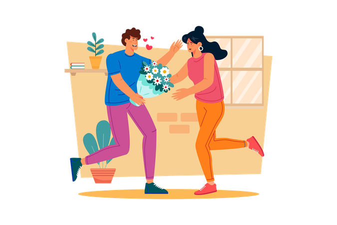 Boy Gives Flowers To A Girl  Illustration