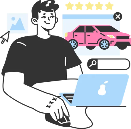 Boy gives rating to car rental agency  Illustration