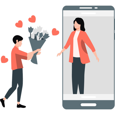 Boy giving bouquet of flowers to his online girl  Illustration
