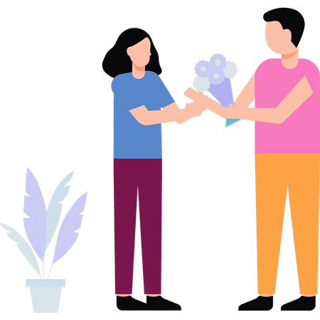 Boy giving bouquet to girl  Illustration