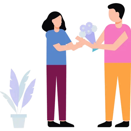 A Boy Is Giving A Bouquet To A Girl Illustration