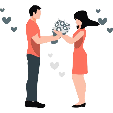 Boy giving bouquet to girl  Illustration