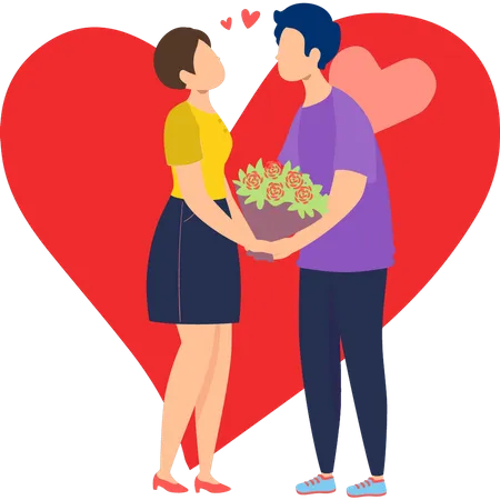 Boy giving bouquet to girl on Valentine's Day Illustration